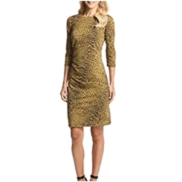J. McLaughlin Dresses & Skirts - J. MCLAUGHLIN  Sage Ruched Leopard Dress sz large sheath